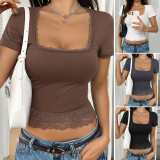 U-neck lace patchwork short sleeved T-shirt