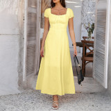 Solid color lace up pleated bubble sleeve French dress
