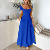Solid color lace up pleated bubble sleeve French dress
