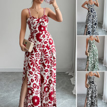 Twisted printed small suspender wide leg jumpsuit pants