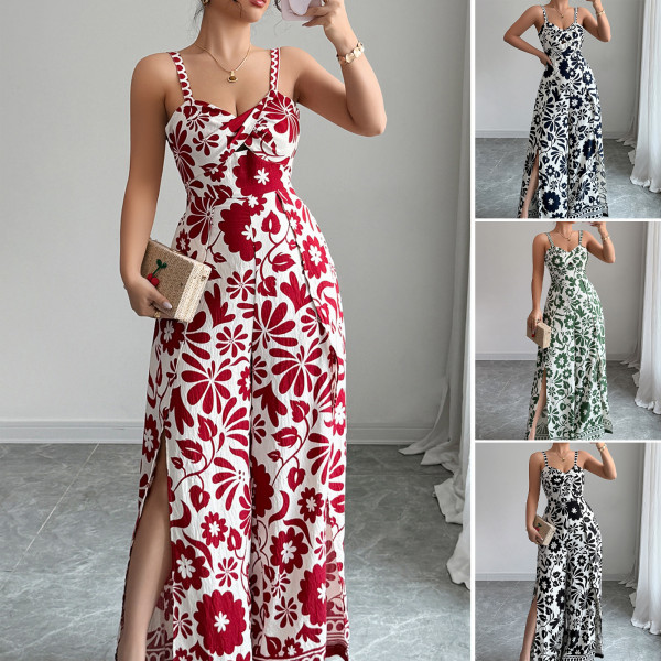 Twisted printed small suspender wide leg jumpsuit pants
