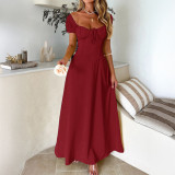 Solid color lace up pleated bubble sleeve French dress