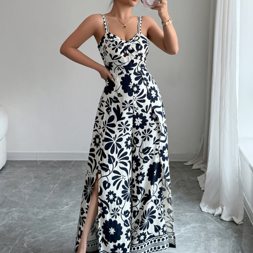 Twisted printed small suspender wide leg jumpsuit pants
