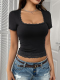 U-neck lace patchwork short sleeved T-shirt