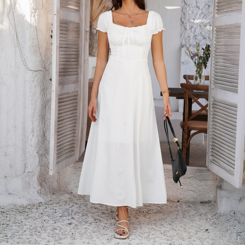 Solid color lace up pleated bubble sleeve French dress