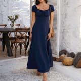 Solid color lace up pleated bubble sleeve French dress