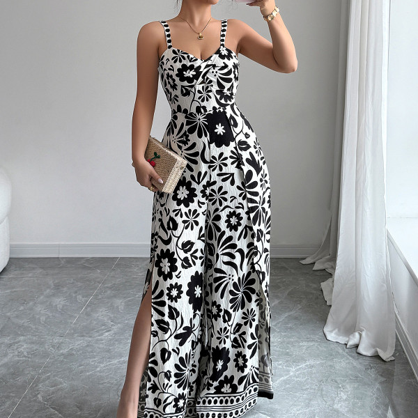 Twisted printed small suspender wide leg jumpsuit pants