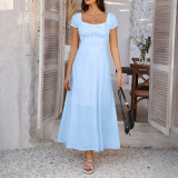 Solid color lace up pleated bubble sleeve French dress
