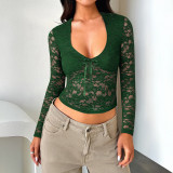 Hollow out long sleeved lace top with ties