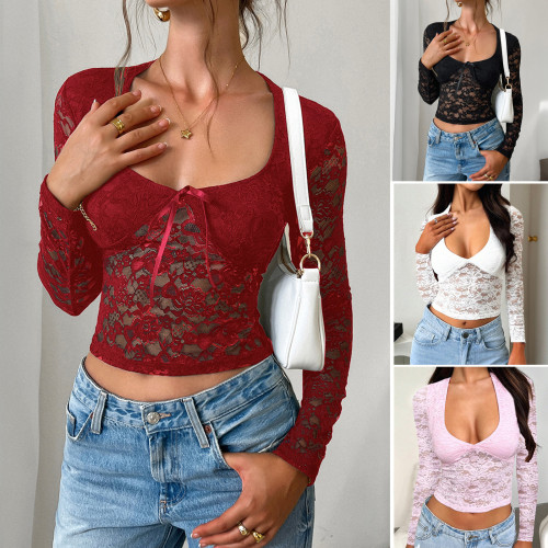 Hollow out long sleeved lace top with ties