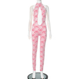 Hollow lace neck strap, large open back jumpsuit pants