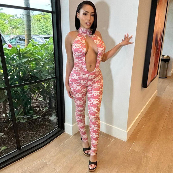 Hollow lace neck strap, large open back jumpsuit pants