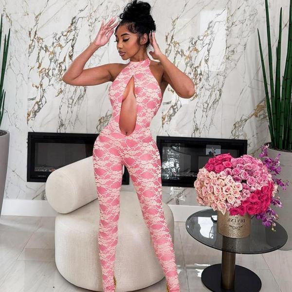 Hollow lace neck strap, large open back jumpsuit pants