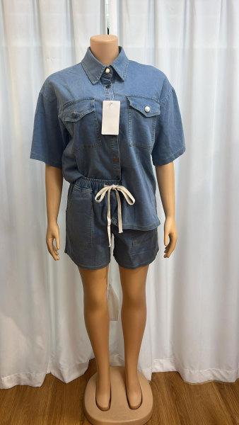 Pocket button denim short sleeved shorts set