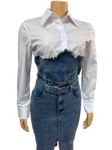 Cowboy patchwork fake two-piece long sleeved shirt split dress two-piece set