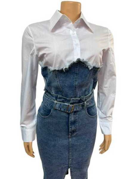 Cowboy patchwork fake two-piece long sleeved shirt split dress two-piece set