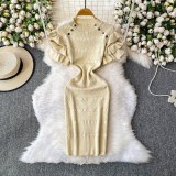 Lotus leaf sleeve knitted woolen dress, metal buckle hip hugging jumpsuit, long skirt