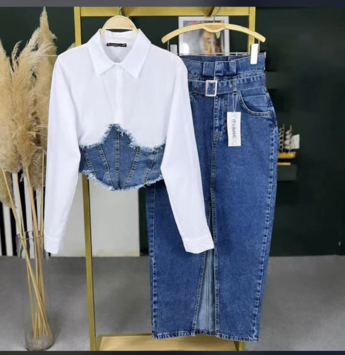 Cowboy patchwork fake two-piece long sleeved shirt split dress two-piece set