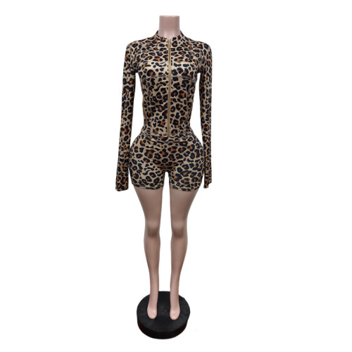 Leopard print elastic shorts sports suit
