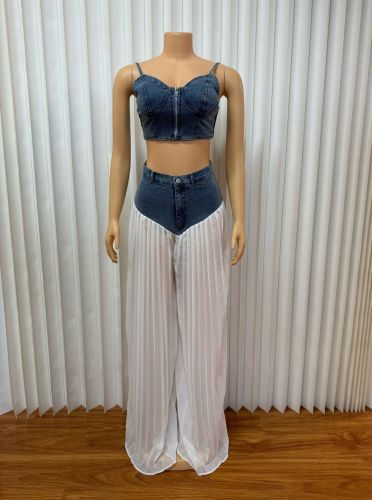 Strap V-neck vest pleated denim chiffon pants set