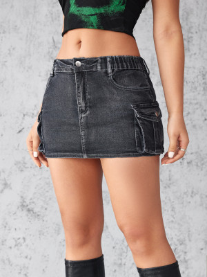 Denim midi skirt elastic workwear pocket skirt