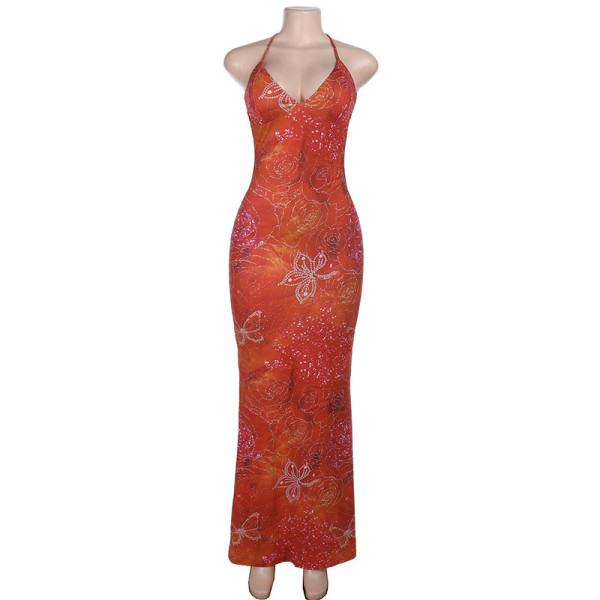 Printed open chest camisole dress