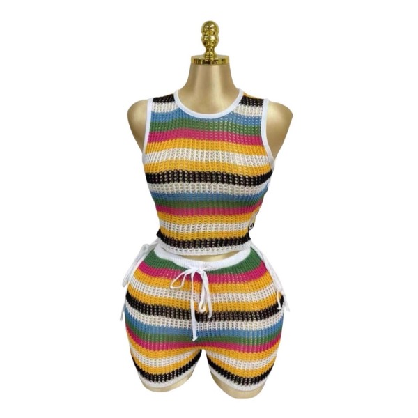 Contrast striped hollowed out drawstring vest, high waist, hip hugging shorts set