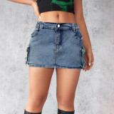Denim midi skirt elastic workwear pocket skirt