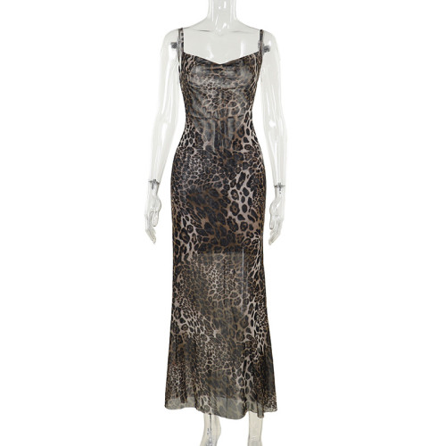 Leopard print backless dress with V-neck strap and suspender, hip hugging long skirt