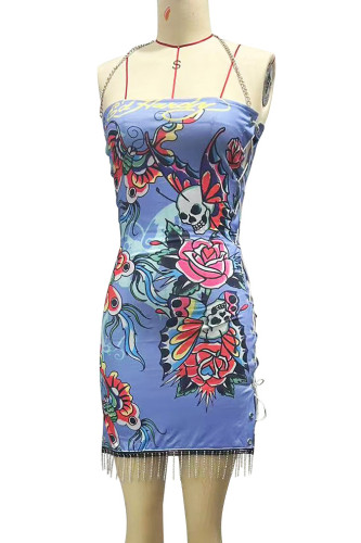Positioning printed drawstring strapless dress