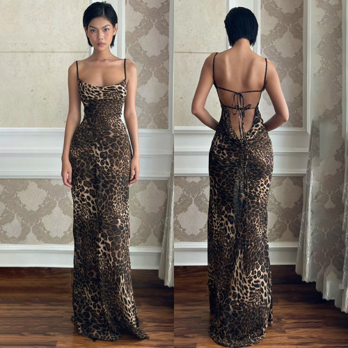 Leopard print backless dress with V-neck strap and suspender, hip hugging long skirt