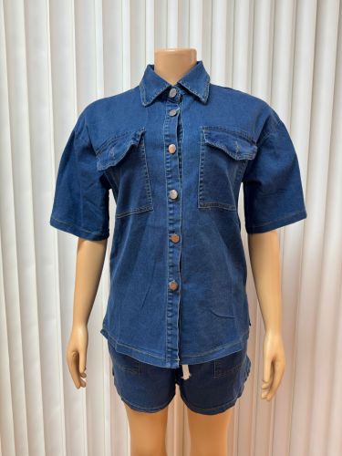 Pocket button denim short sleeved shorts set