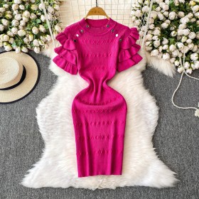 Lotus leaf sleeve knitted woolen dress, metal buckle hip hugging jumpsuit, long skirt