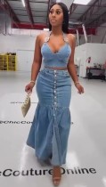 Micro elastic suspender low cut denim suit button down long skirt set