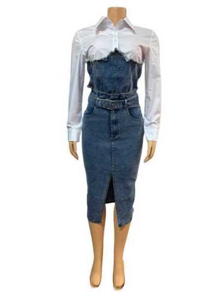 Cowboy patchwork fake two-piece long sleeved shirt split dress two-piece set