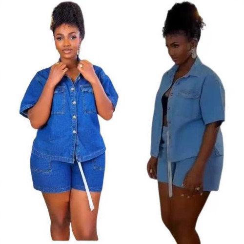 Pocket button denim short sleeved shorts set