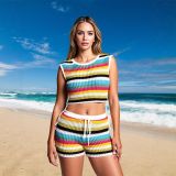Contrast striped hollowed out drawstring vest, high waist, hip hugging shorts set