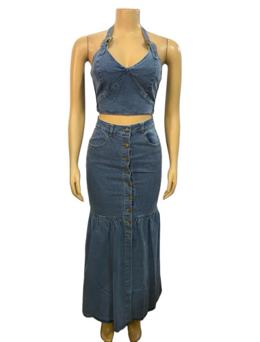 Micro elastic suspender low cut denim suit button down long skirt set