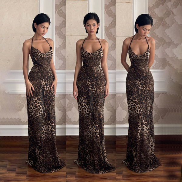 Leopard print backless dress with V-neck strap and suspender, hip hugging long skirt