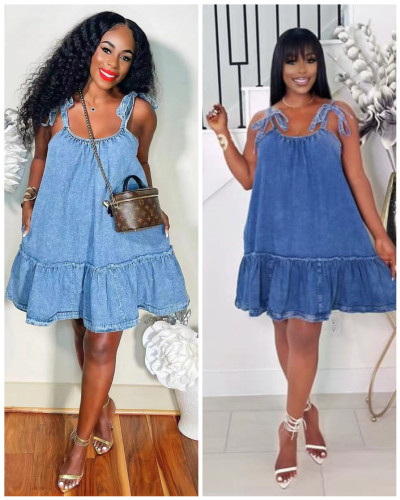 Splicing straps, straps, washed denim dress