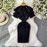 Lotus leaf sleeve knitted woolen dress, metal buckle hip hugging jumpsuit, long skirt