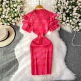 Lotus leaf sleeve knitted woolen dress, metal buckle hip hugging jumpsuit, long skirt