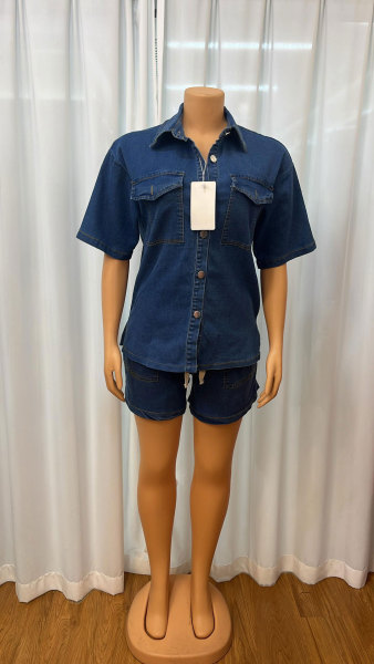 Pocket button denim short sleeved shorts set