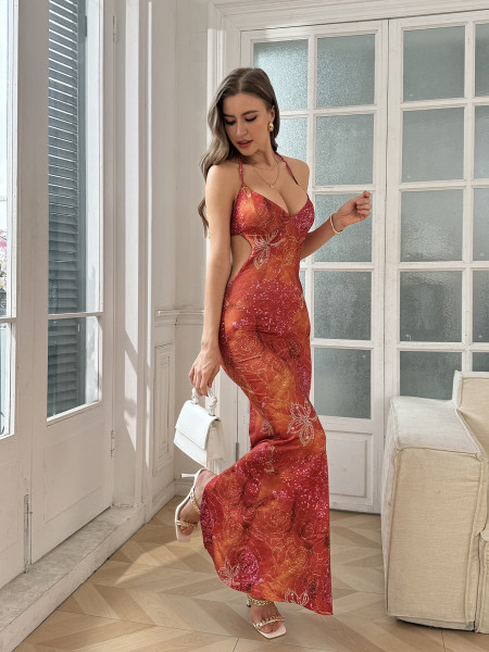 Printed open chest camisole dress