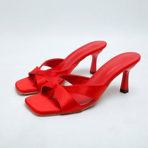 Solid color high-heeled slippers, plus size square toe slim high-heeled sandals
