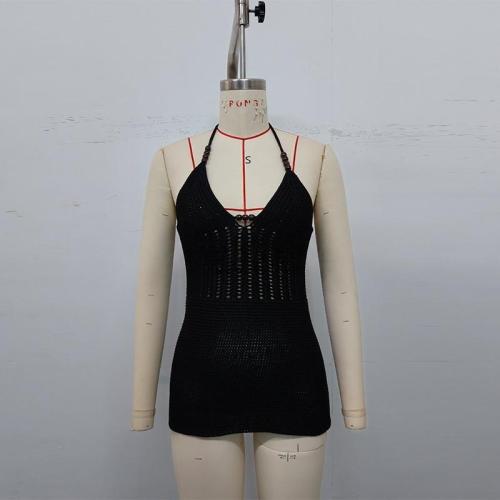 Knitted beach skirt with hanging neck, exposed back, bead wrapped buttocks skirt