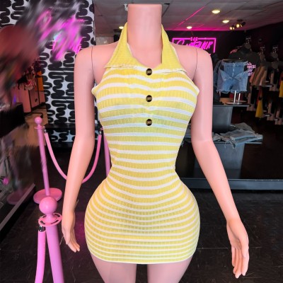 Backless, hip hugging, neck hanging knitted short skirt dress