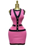 Button color blocked sleeveless single breasted knitted dress