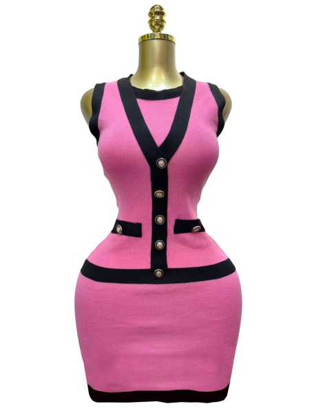 Button color blocked sleeveless single breasted knitted dress
