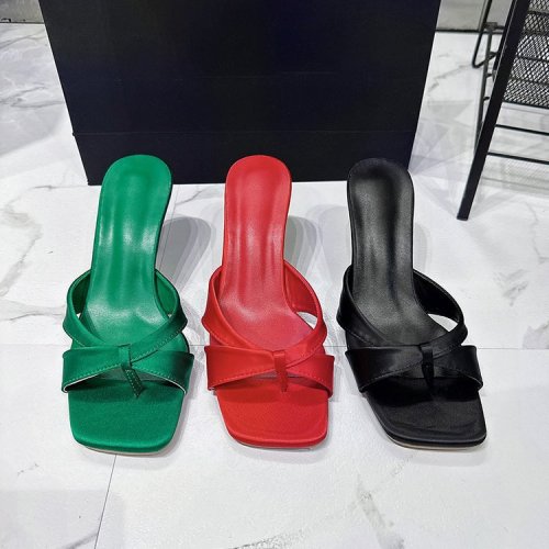 Solid color high-heeled slippers, plus size square toe slim high-heeled sandals